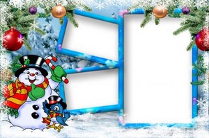 Детская новогодняя рамка для Photoshop - Воробей и снеговик