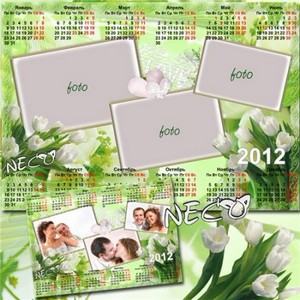 Календарь на 2012 год с белыми тюльпанами на весеннем фоне, на три фото