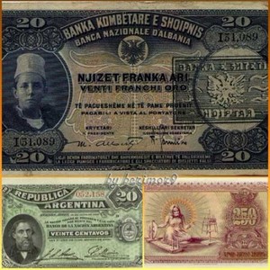 Многообразные денежные знаки Армении, Аргентины, Албании различных времен