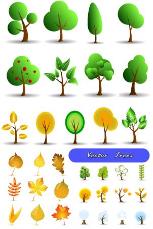 Летние зеленые и осенние желтые деревья (Вектор)