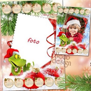 Красочный новогодний календарь - рамка с весёлой змеёй в шапке санты на 201 ...