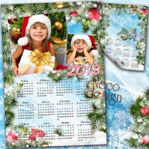Зимний календарь на два фото со снегом еловыми ветками шариками и подарком  ...