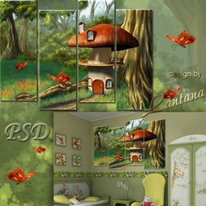 Детский полиптих в PSD - На полянке дом грибной, с окнами он и с трубой