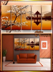 Полиптих в psd формате - Сакура, цветущая вишня, китайский домик на воде