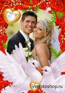Свадебная фото рамка с красными розами и голубями