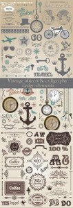 Vintage objects and calligraphy design elements /     ...