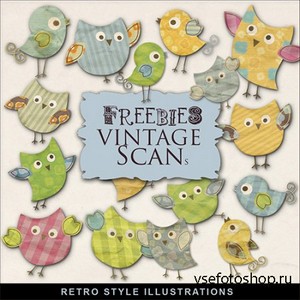 Scrap-kit - Retro Style Illustrations - Colored Papers Birds