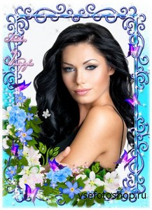 Незабудки, голубые цветы, белые цветы, бабочки - рамка для фотошопа