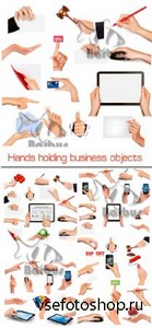Hands holding  business objects /     - Vector stoc ...