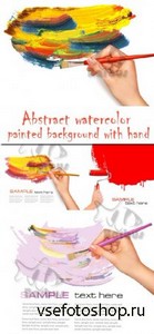 Abstract watercolor painted background with hand /       ...