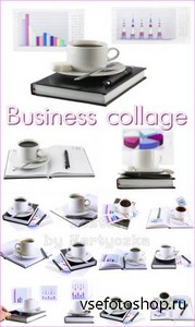 Бизнес коллаж, чашка кофе, офисные элементы на белом фоне - растровый клипа ...