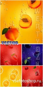 Векторные фоны с фруктами, клубника, вишня, слива, лимон / Vector backgroun ...