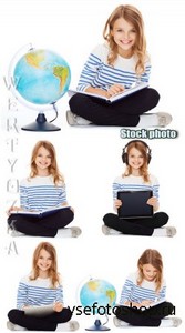      / Girl with a book and a globe - Raster clipart