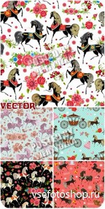 Векторные фоны с лошадками и цветами / Vector background with horses and fl ...