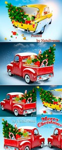 Рождественские фоны с авто и елочками