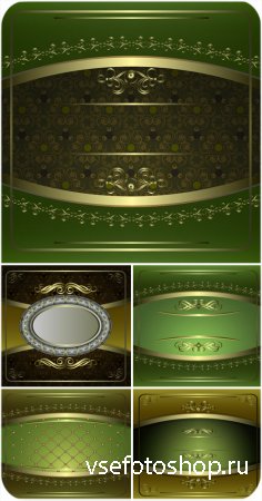 Зеленые векторные фоны с винтажными золотыми узорами