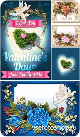Открытки с розами и ангелами ко дню святого Валентина - сток вектор