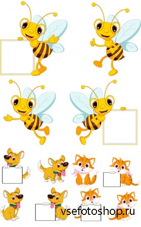 Пчела, собачка и кошечка в векторе с плакатом