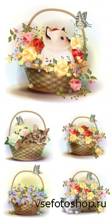 Корзины с цветами и котятами, вектор / Baskets of flowers and kittens, vect ...