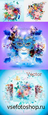 Нежные фоны с цветами, бабочками с лицами девушек в векторе