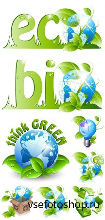    ,     / Eco elements, vector planet with green leaves