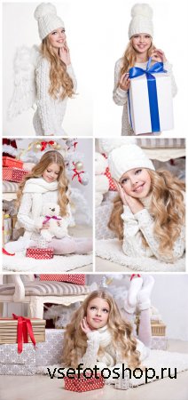 Girl with white wings, new year - stock photos