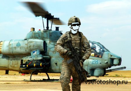 Шаблон для фотошопа  - Солдат у вертолета