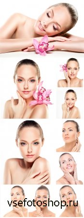 Beautiful girl with orchids, woman's face - stock photos