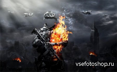 Шаблон для фотомонтажа - Военный в огне