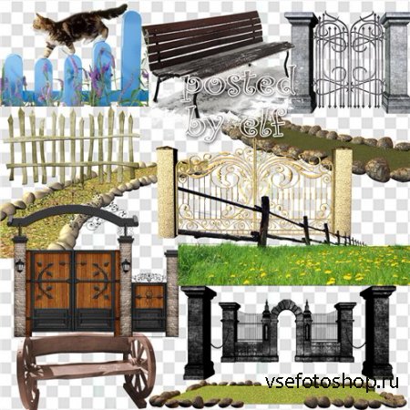 Газоны и садовые дорожки, забор, ограда, скамейки - клипарт в png