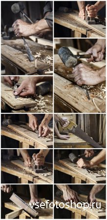 Carpenter, working with a chisel and hammer