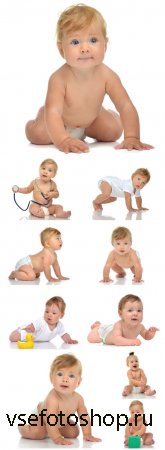 Baby in diaper crawling happy on a white background - Stock photo