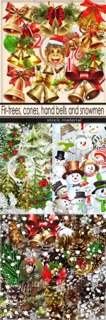 Fir-trees, cones, hand bells and snowmen