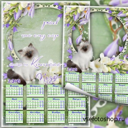 Календарь с рамкой для фото на 2016 год с цветами и котенком - Поздравления
