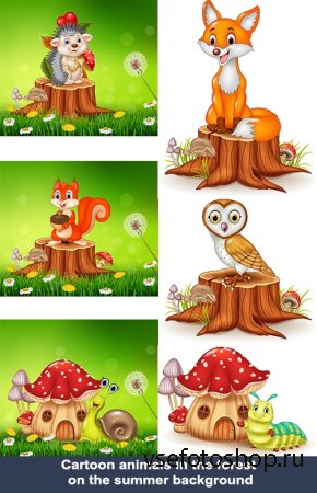 artoon animals in the forest on the summer background |   ...