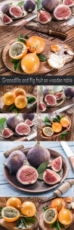 Granadilla and Fig fruit on wooden table