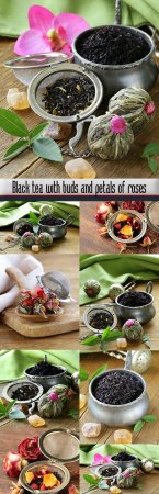 Black tea with buds and petals of roses