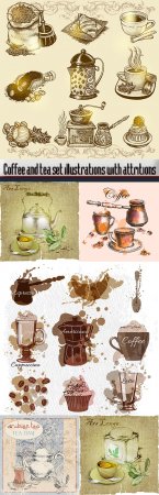 Coffee and tea set illustrations with attritions