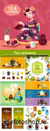 Tea ceremony, black and green tea, exotic tea vector