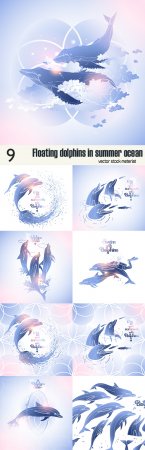 Floating dolphins in summer ocean