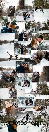      -  / Young people in the winter forest -  ...
